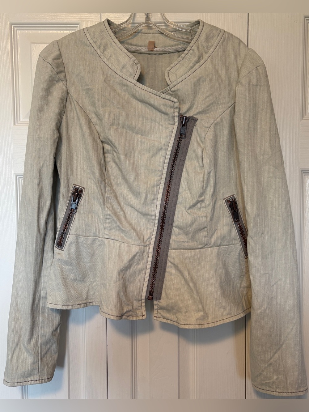 Free People Asymmetrical Peplum Denim Moto Jacket Light Gray Wash Small 6